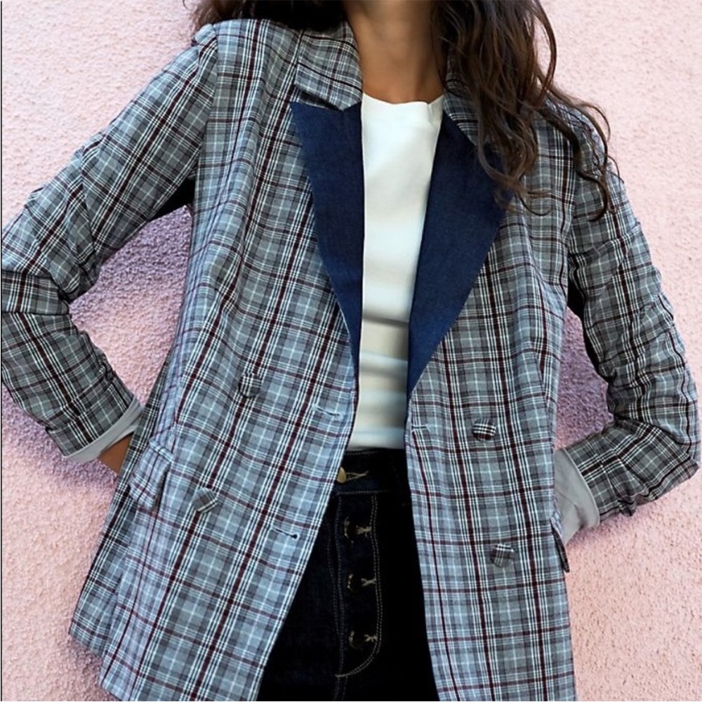 Anthropologie + current air Aidan denim trimmed plaid blazer NWT
